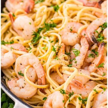 Close up of shrimp linguine with parsley