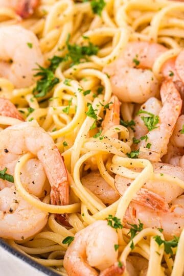 Close up of shrimp linguine with parsley